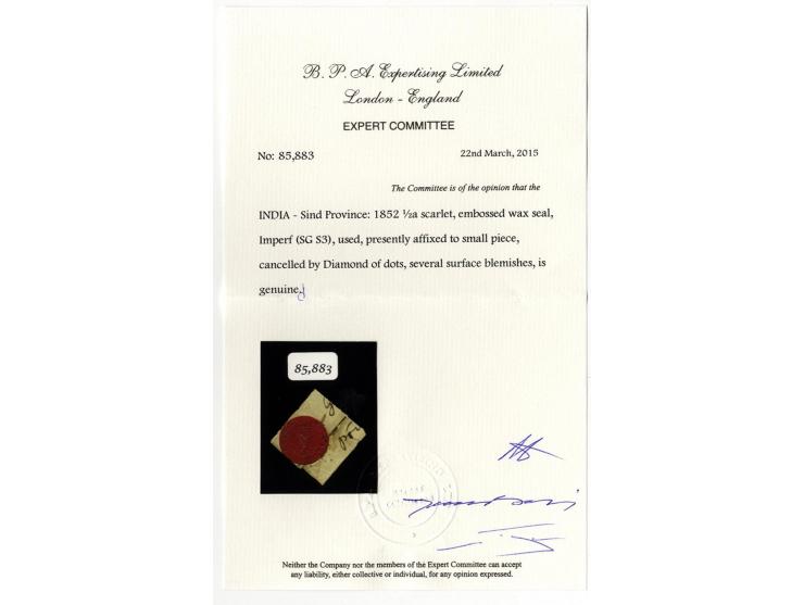 1852 (July 1): Scinde District Dawk, ½ anna scarlet, embossed on wax seal, used example on small piece cancelled by diamond l