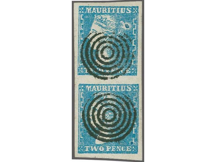 1859, Dardenne 2d. blue, horizontal pair with interesting printing flaw in chignon of top stamp, nice deep colour and large e