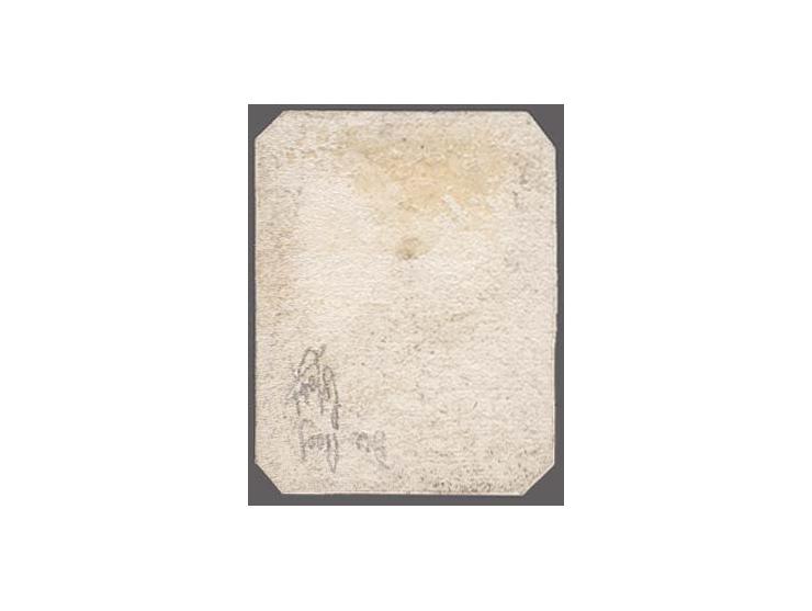 3d. black on India paper, on card (23x30mm) with angled corners, very fine and extremely rare, certificate RPSL. Provenance: 