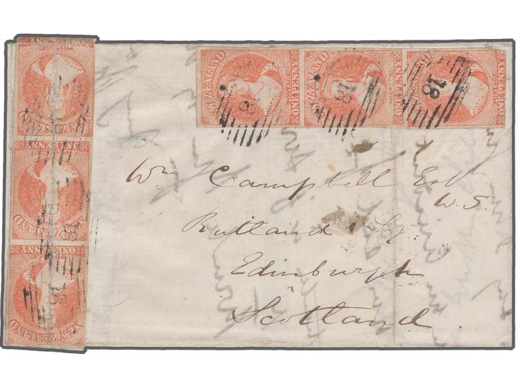 1857/63, 1d. dull orange, two vertical strips of three tied by numeral "18" of Otago to folded lettersheet to Edingburgh, des