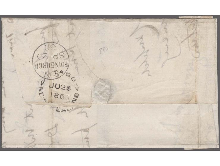 1857/63, 1d. dull orange, two vertical strips of three tied by numeral "18" of Otago to folded lettersheet to Edingburgh, des