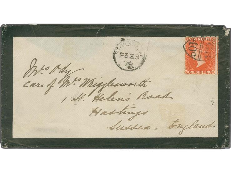 1875/78, 1 shilling vermilion, perforated 11 to 12Â½:15, nice fresh colour, tied by accountancy mark "GB/40 c" to mourning co