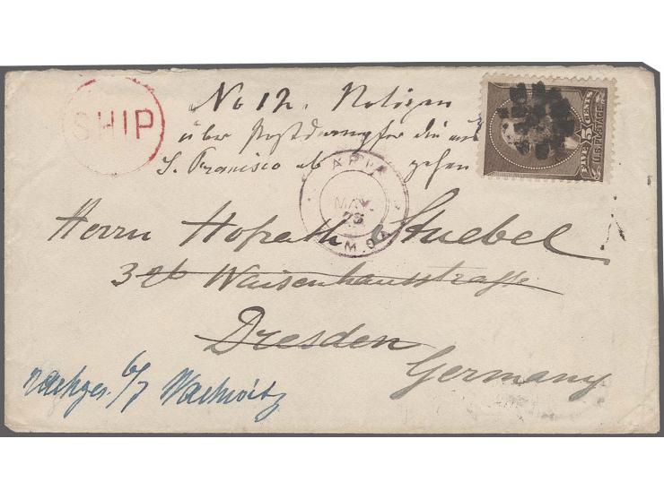 APIA MUNICIPAL POST OFFICE, 1882-86: "APIA MAY 25" cds. on cover franked with US 1882 Garfield 5 c. cancelled with cork, addr