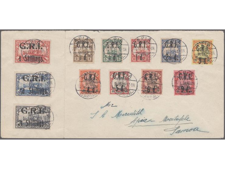 NEW ZEALAND OCCUPATION, GRI: 1914, Â½d-3 s., each tied by favour cds. "APIA 10.11.14" to cover, 5d. with overprint variety "m