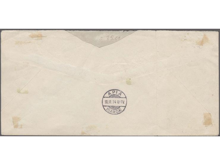 NEW ZEALAND OCCUPATION, GRI: 1914, Â½d-3 s., each tied by favour cds. "APIA 10.11.14" to cover, 5d. with overprint variety "m