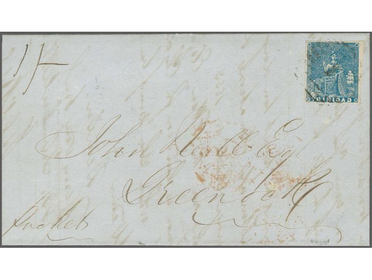 1852, First lithographed issue, fine impression, 1 d. blue with good to large margins, tied by light "1" in bars to entire le
