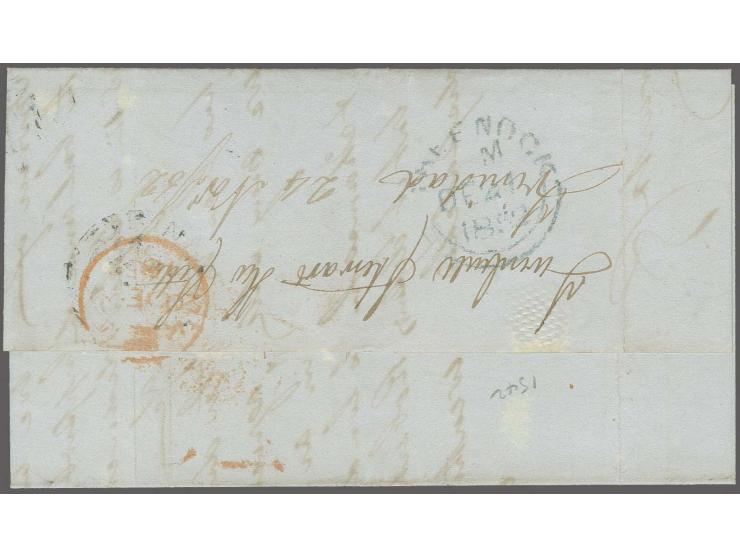 1852, First lithographed issue, fine impression, 1 d. blue with good to large margins, tied by light "1" in bars to entire le