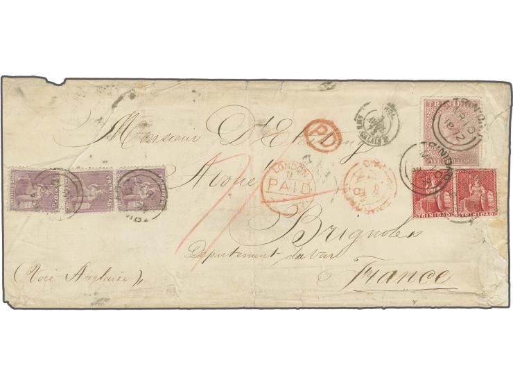 1869, 5 shilling rose-lake with 1863/80, perf. 12½ 1 shilling mauve, vertical pair and single and pair 1 d. carmine, tied by 