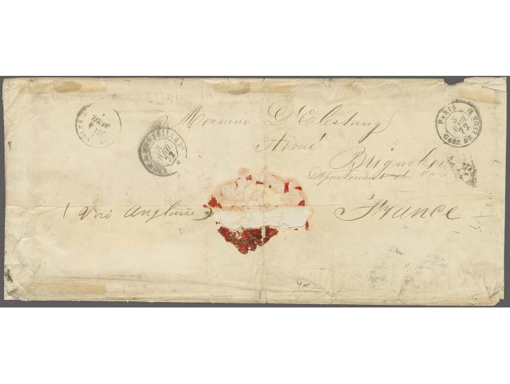 1869, 5 shilling rose-lake with 1863/80, perf. 12½ 1 shilling mauve, vertical pair and single and pair 1 d. carmine, tied by 