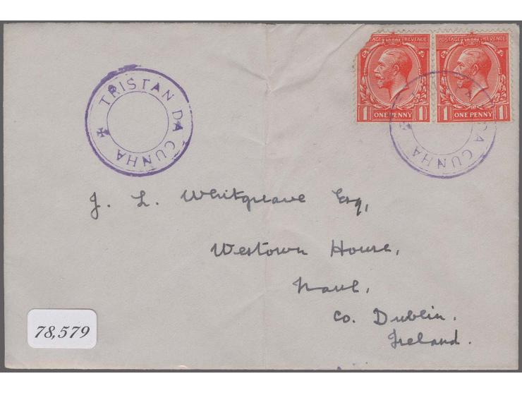 (1929), "TRISTANÂ DAÂ CUNHA", violet double-ringed cachet in Type V but without break in the inner ring, clear strike on 2 co