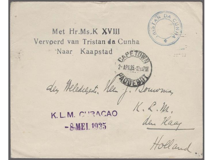 1935, Dutch Submarine KXVIII mail: "TRISTANÂ DAÂ CUNHA", type V in blue on envelope with adjacent cachet "Met Hr.Ms.K XVIII V