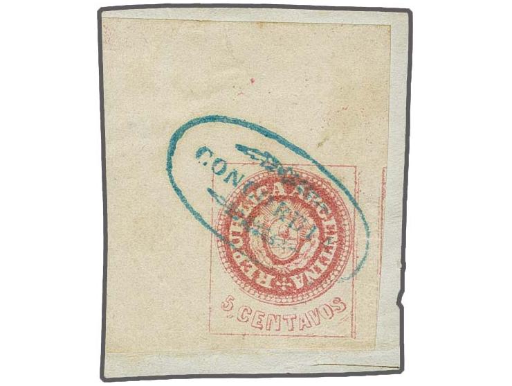 1863/64: 5 c. rose-red, no accent on "U", corner marginal example with wide margins on 2 sides and portion of adjoining stamp