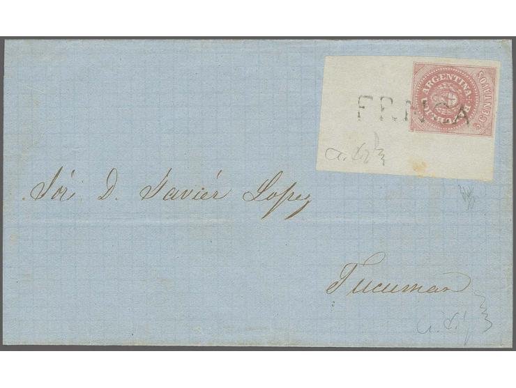 5c. rose, corner copy with wide margins on bottom and right, on the other sides ca 12/25 mm sheet margins, cancelled by strai