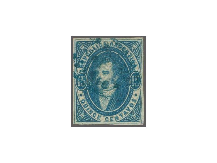 1864 (April 17): Rivadavia 15 c. blue, imperforate example from the first printing with 'RA' watermark, a fine used example w