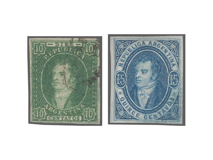 Rivadavia 15 c. blue, imperforate example from the first printing with 'RA' watermark, a very fine used example with large ma