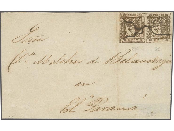 1858/59, Barquitos 4 r. brown, a fine vertical pair with frame lines partly slightly touched, tied by manuscript squiggle cro