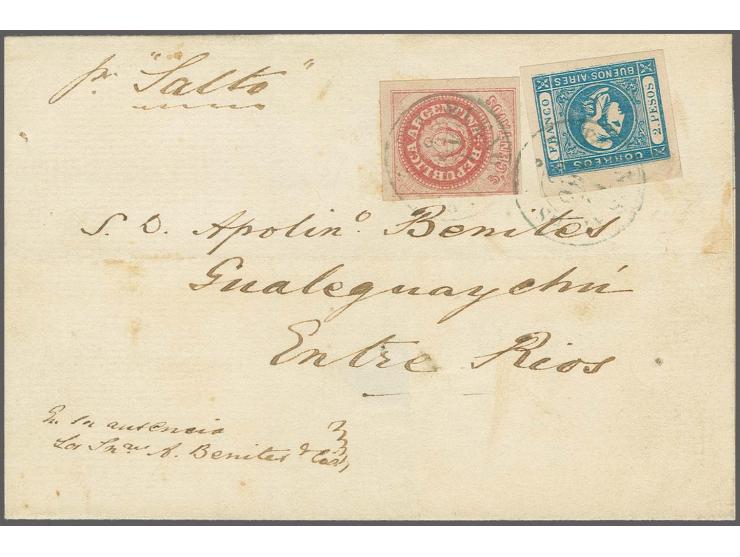 1862, Cabecitos 2 p. blue with large margins all around, in combination with Republic 1863, 5 c. rose without accent, just cl