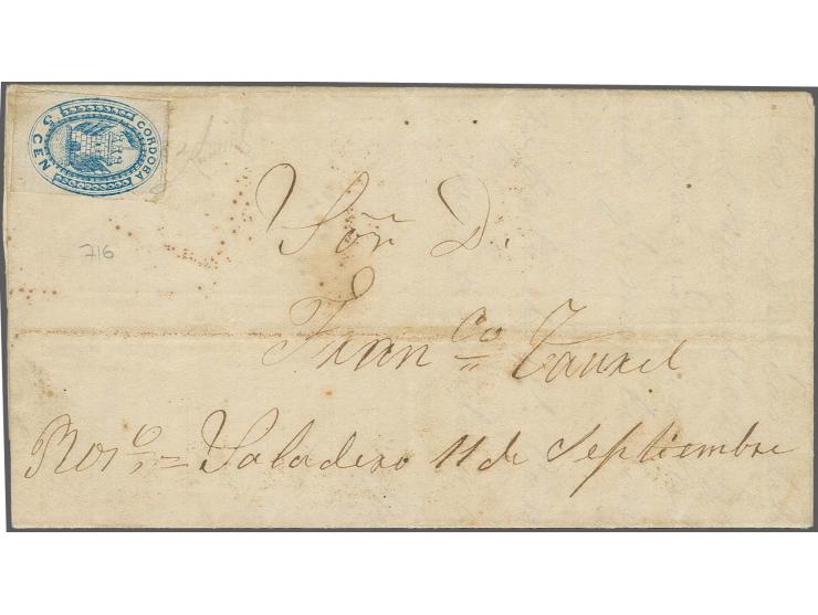 1858, coat of arms 5 c. blue with good two wide margins, used on entire letter form Villa Nueva 10.2.1860 to Rosario; the upp