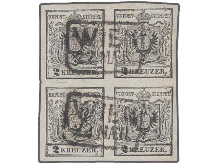 1850/54, First issue 2 kr. on machine made meshed paper, type IIIa, block of 4, large margins all around, cancelled pairwise 