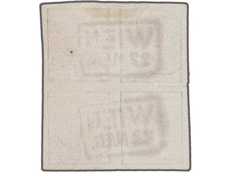 1850/54, First issue 2 kr. on machine made meshed paper, type IIIa, block of 4, large margins all around, cancelled pairwise 