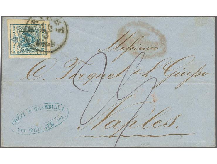 9 kr. blue with large margins all around, tied by cds. "TRIEST 10/3" (1858) to part-paid letter sheet via the Roman states to