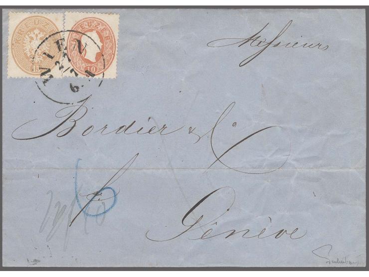 1860: 10 kr. brown used in combination with 1863 15 kr. pale brown, perf. 14 on cover to Geneva, Switzerland tied by bold WIE