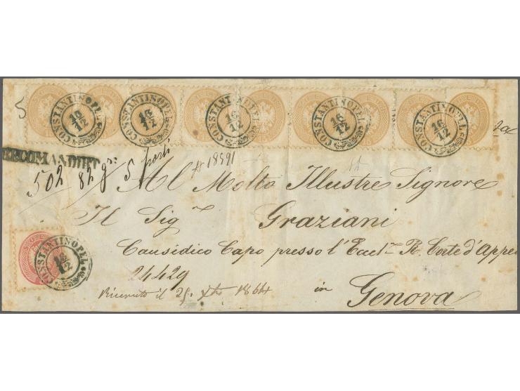 1864, 15 so. brown, horizontal strip of 3, pair and 4 singles together with 5 so. rose, all tied by clear cds. "CONSTANTINOPL