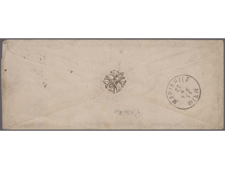 1867: Levant 5 soldi red and Austria 10 kr. blue used on small 1871 envelope from Constantinople endorsed 'via Varna' to Vien