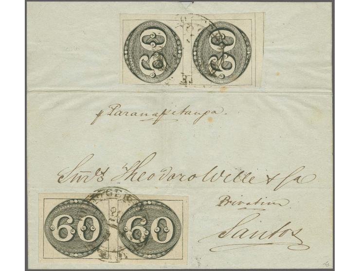 60 r. black, late early impressions, two pairs (one vertical, one horizontal) used on 1845 cover from Rio de Janeiro to Santo