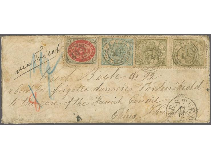 1864/70, Coat of Arms 2 skilling blue and 2 copies 16 skilling olive-green in combination with 1870/71, 4 skilling grey/red w