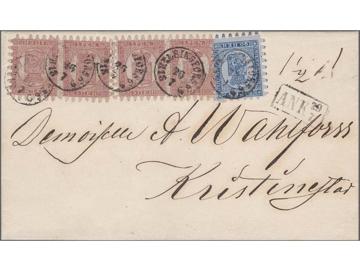 5 penni carmine-brown on pale lilac laid paper, the famous horizontal tête-bêche pair (positions 22-21) used on 1869 entire l