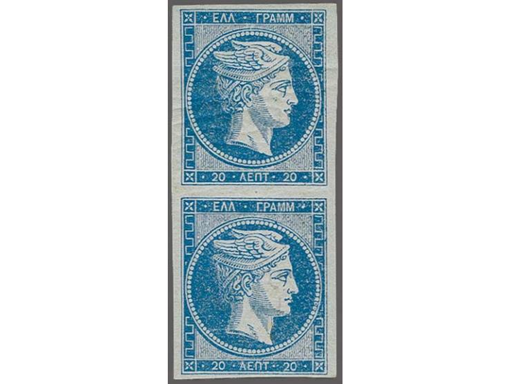 1861/62, First Athens Coarse Printing: 20 lep. deep blue in vertical pair, good colour and clear to mostly wide margins, unus
