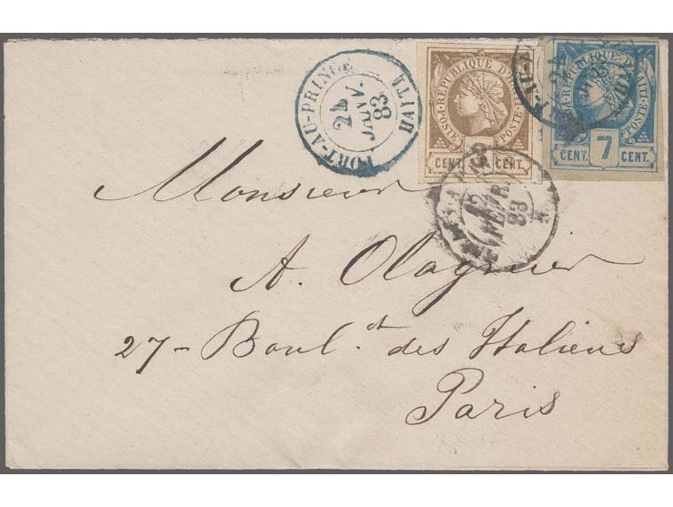 1881, 3 c. bistre and 7 c. blue, latter tiny touched in upper right corner, otherwise good to mostly large margins, tied by b