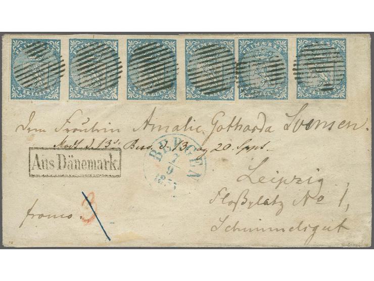1855, Coat of Arms 4 skilling blue, horizontal strip of 4 and horizontal pair (pos. C31-34 and C11-12) used with clear grid c