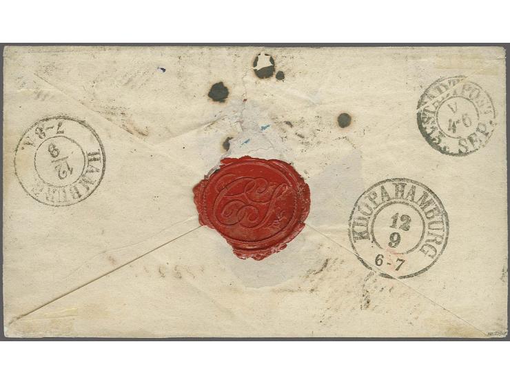 1855, Coat of Arms 4 skilling blue, horizontal strip of 4 and horizontal pair (pos. C31-34 and C11-12) used with clear grid c