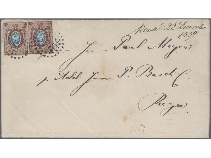 1857, 10 kopeks light brown/blue, plate 2, good to large margins, in mixed franking with 1858, perforated issue 10 kopeks bro