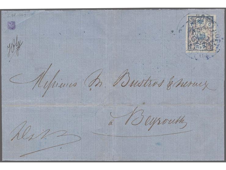 1868, Steamer and Eagle 2 p. blue/rose, fresh colour and good margins all round tied by cds. to folded lettersheet to Beyrout