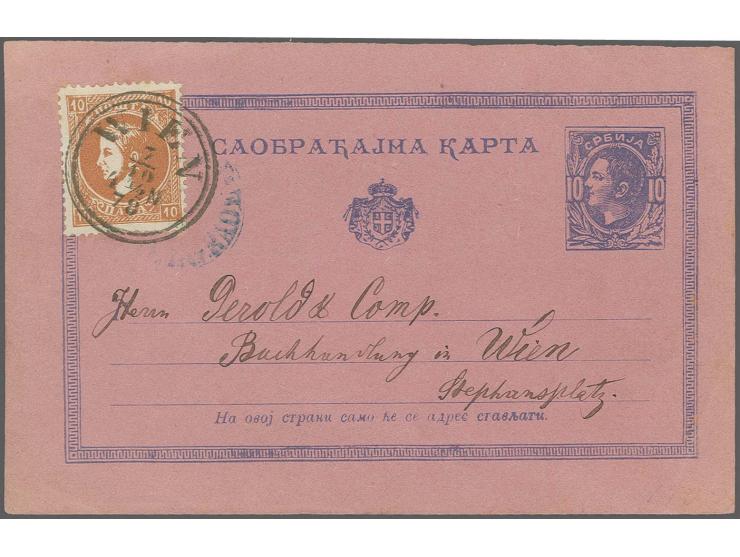 1876/77, Milan 4th printing 10 pa. brown, tied by somewhat faint blue Belgrad cds. to postal stationery card 10 pa. blue on r