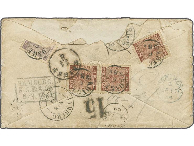 1858, 30 Ã¶. brown, 3 copies with single 9 Ã¶. violet, tied by cds. "KONGELF 6 8 1864" to reverse of opened-out envelope via 