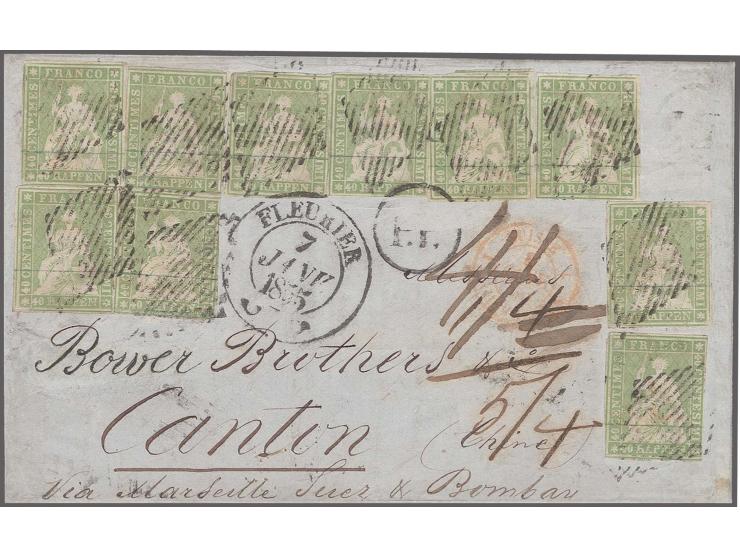 1854, Munich printing 40 rp. yellow-green, 10 copies, all with ample to very good margins, tied by grid cancel to quadruple r