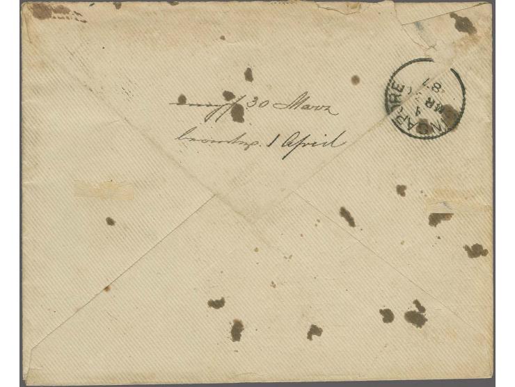 1883: 1 solot indigo horizontal pair, 1 a. rose carmine horizontal pair, 1 sio red and 1 salung brown-ochre, all used on 1887
