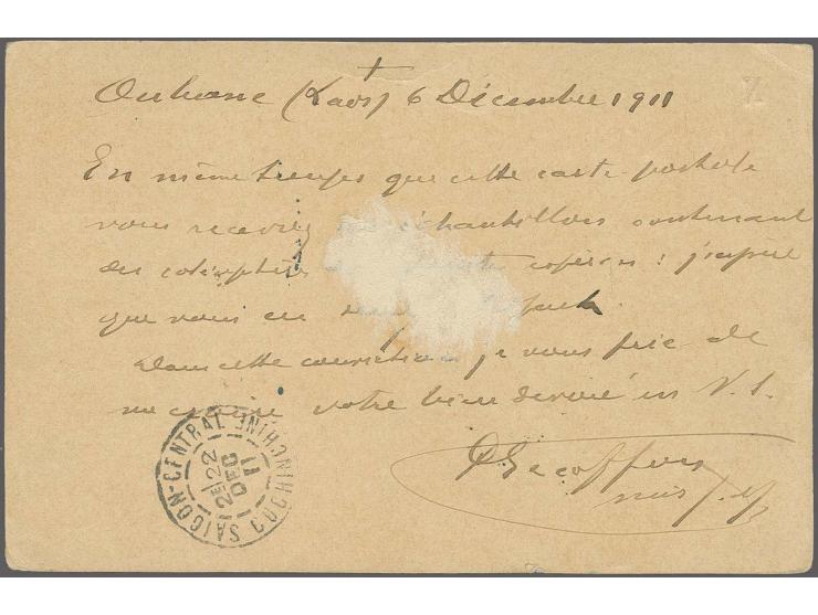 1911 (Dec 6): Thailand 6 satang on 4 atts. carmine postal stationery card, written from Ouhane (Laos) and mailed to Vienna; c