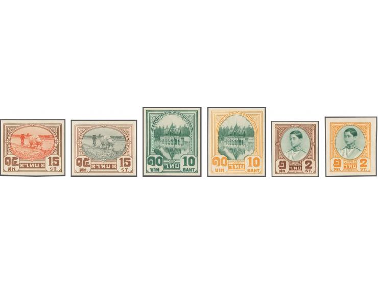 1941, Bang Pa-In Palace issue, 31 mostly bi-coloured imperforated essays in denomination 2 st. (4), 15 st. (15) and 10 baht (