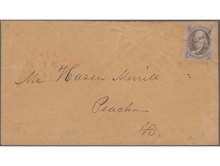 1847, Franklin 5c. red brown, fresh colour and clear to full margins all round, tied by pen strokes to buff cover with "E. & 