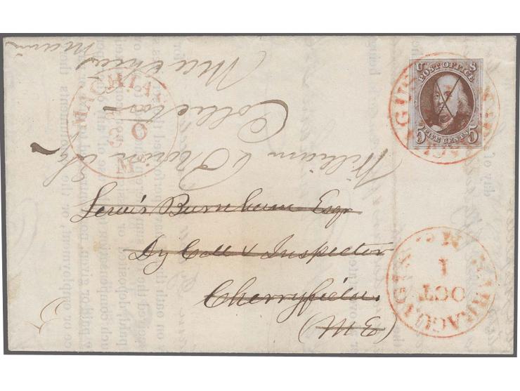 5c. red brown, fresh colour and ample to large margins all round, tied by red cds. "NARRAGUAGUS Me. OCT 1" with additional pe