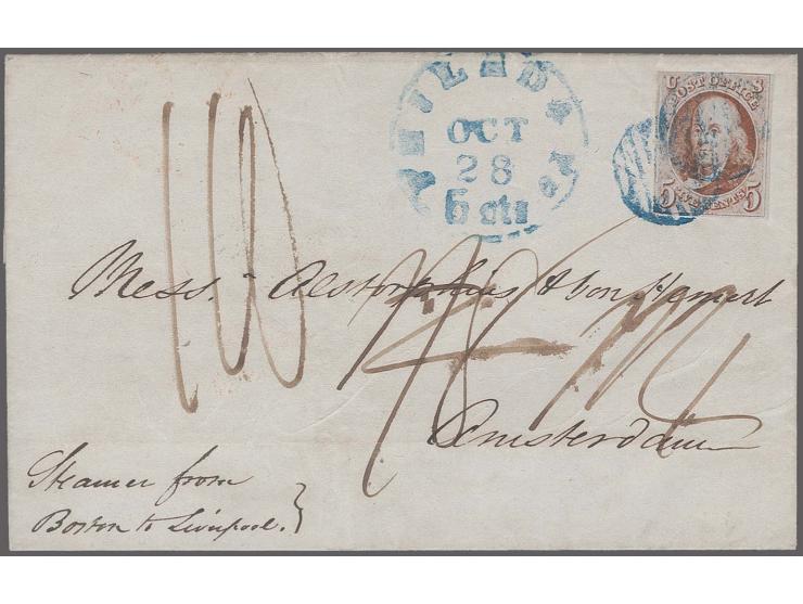 5c. red brown, deep and fresh colour, ample margins, cut into at top, tied by blue circular cancel with matchingÂ integral-ra