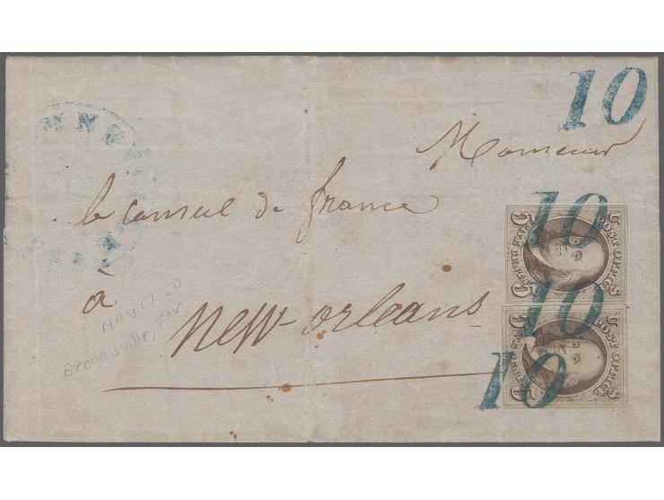5c. red brown, two singles with good margins all round, tied by three strikes of blue "10" to folded letter to New Orleans wi