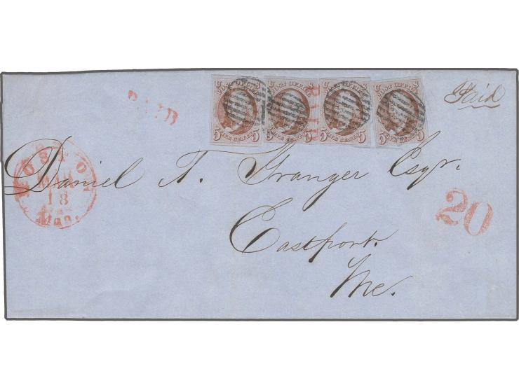 Â 5c. red brown, four singles, all fresh colour with ample to large margins, one just touched at bottom, cancelled by black g