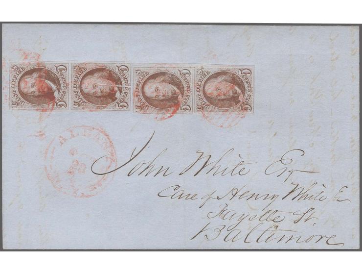 5c. red brown, two vertical pairs, clear to large margins all round, except just cut into at top left of one stamp, one stamp