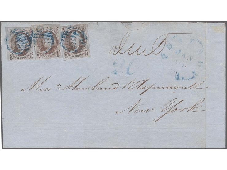 5 c. orange brown, three singles with good to large margins with blue grid on folded lettersheet with adjacent blue "20" and 